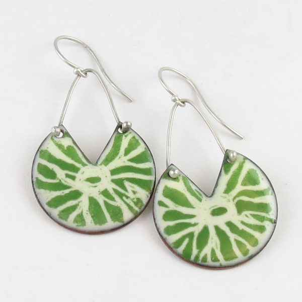 Green and White Enamel Lilypad Earrings