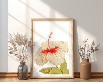 Aquarel hibiscuskunstprint: muurdecoratie kust (digitale download)