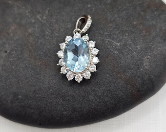 Blue Topaz Pendant | Sterling Silver Halo Necklace, December Birthstone