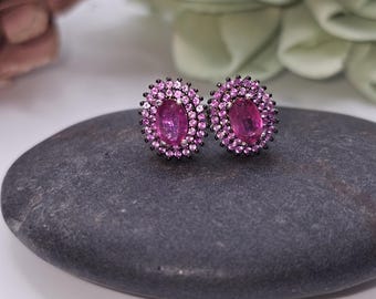 Natural Ruby & Pink Sapphire Halo Stud Earrings | 11mm Oval 925 Sterling Silver | July Birthstone | Elegant Gemstone Jewelry Gift