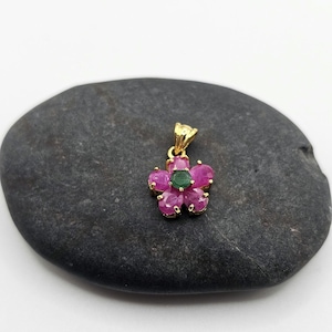 Ruby & Emerald Flower Pendant: 18k Gold Plated Sterling Silver Necklace