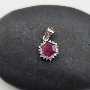 Natural Hexagon Ruby Pendant | Sterling Silver Halo Necklace (July Birthstone)
