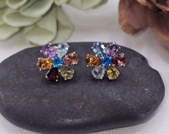 Natural Multigemstone Flower Stud Earrings | 925 Sterling Silver Rainbow Earrings | Genuine Gemstone Floral Jewelry