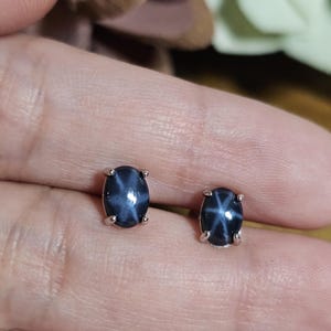 Natural Star Sapphire Earrings 7x5mm Oval Cabochon in Sterling Silver | Celestial Stud Earrings | September Birthstone Jewelry