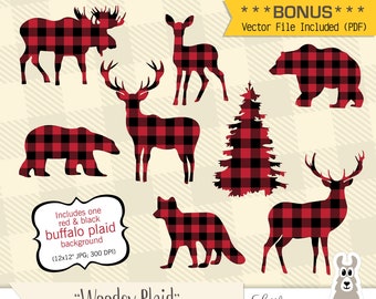 Buffalo Plaid Clipart, Animal Silhouette Clip Art, Vector Lumberjack Images, Moose Deer Buck Silhouettes, Lumberjack Clip art, Fox