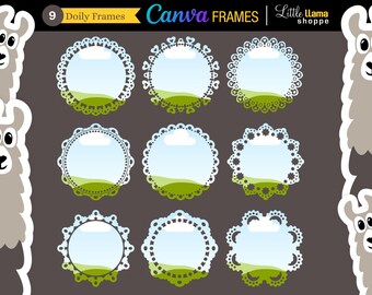 Fancy Round Canva Frames | Set of 9 Custom Drag and Drop Doily Frames for Use in Canva | Commercial Use