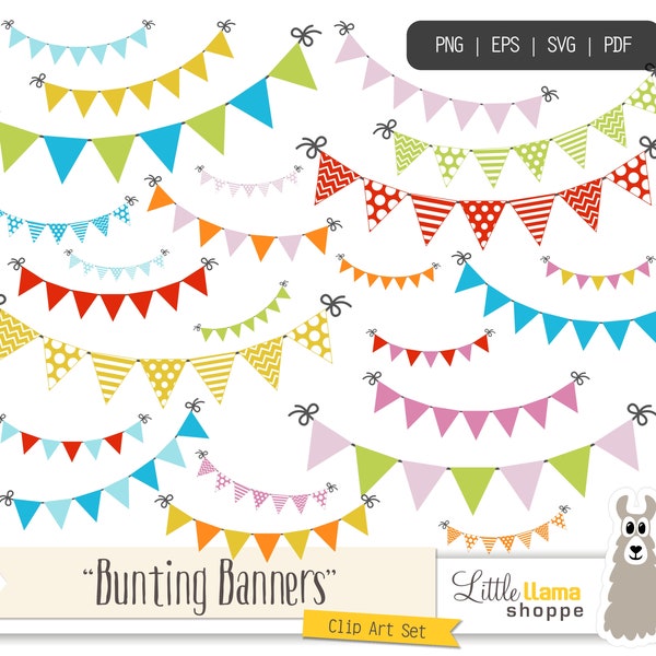 Bunting Banner Clip Art, Garland Clipart, Party Flag Clipart, 24 png eps svg pdf files, Small Business Use