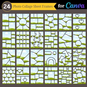 Peut inclure: Graphique numérique avec 24 cadres de feuilles de collage photo pour Canva. Les cadres sont de formes variées, notamment des carrés, des cercles et des cœurs, avec un arrière-plan de paysage. Le logo Canva est visible en haut à gauche et à droite.