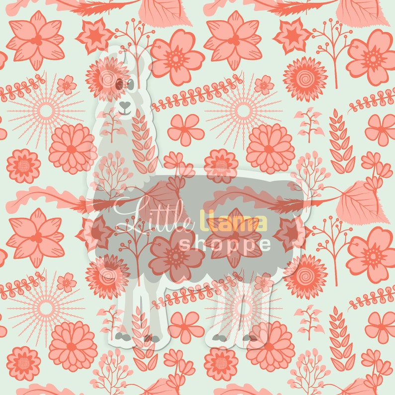 May include: A light blue background with a white outline of a llama. The llama is surrounded by pink flowers and leaves. The text "Little Llama Shoppe" is written in the center of the llama.