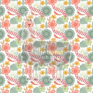 May include: A seamless pattern featuring a white background with a repeating design of pink, yellow, and green flowers, leaves, and swirls.