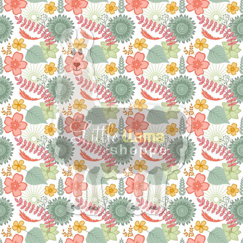 May include: A seamless pattern featuring a white background with a repeating design of pink, yellow, and green flowers, leaves, and swirls.