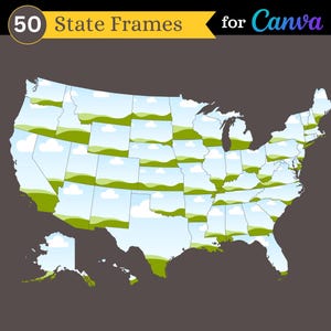 Marcos de Canva del mapa de Estados Unidos / Conjunto de 50 marcos de mapas estatales con función de arrastrar y soltar para usar en Canva / Uso comercial