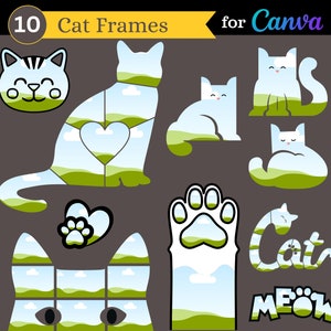 Cadres en toile chat | Lot de 10 cadres de recadrage personnalisés par glisser-déposer sur le thème du chat et du chaton à utiliser sur Canva | Utilisation commerciale