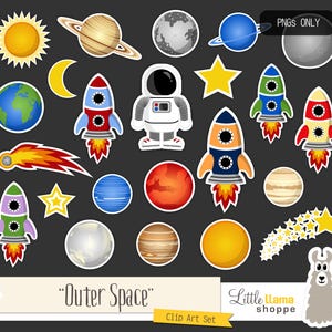 ClipArt spaziali, astronomia cosmica pianeti razzi astronauta sole luna stelle cometa clipart set, uso commerciale