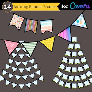 Bunting Banner Frames for Canva | Set of 14 Drag and Drop Pennant Flag Frame Images for Use in Canva |  Commercial Use
