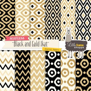 May include: A set of 10 digital papers featuring seamless black and gold ikat patterns. The patterns include geometric shapes, zigzags, and circles. The text "Seamless "Black and Gold Ikat" Digital Papers" is included in the image.