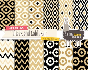 Ikat Digital Paper, Black & Gold Ikat Digital Backgrounds, Seamless Repeating Ikat Surface Patterns, Instant Download, Commercial Use