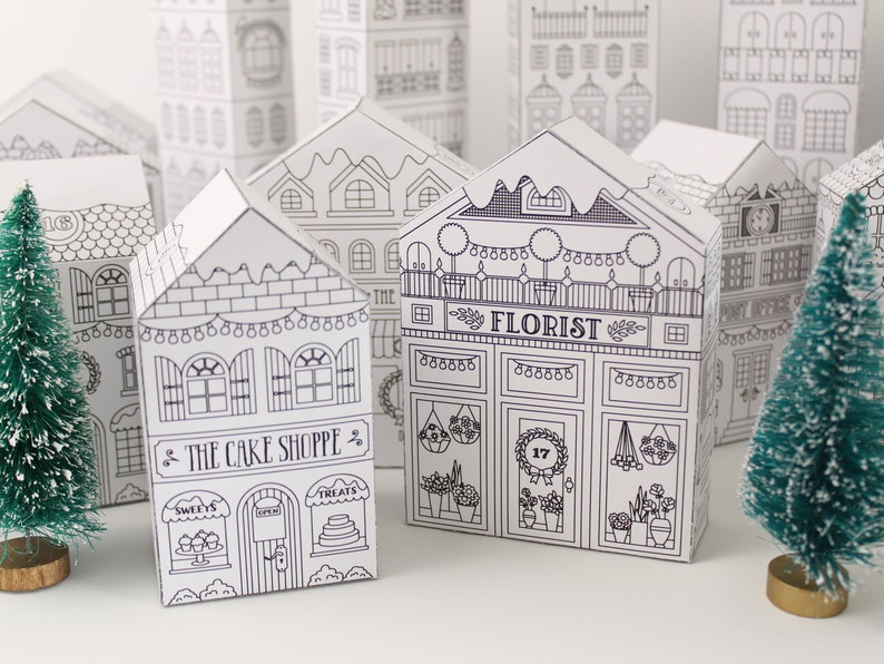 Florist and cake shop in the Victorian village printable Christmas houses advent calendar set