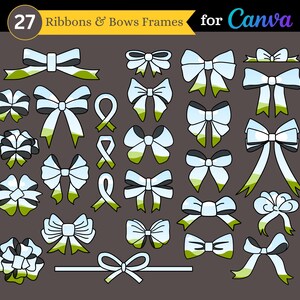 May include: A set of 27 digital frames featuring various ribbon and bow designs in blue, white, and green. The frames are designed for use in Canva.