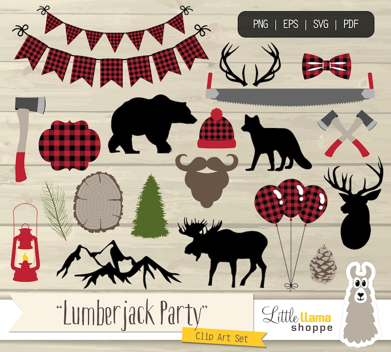 May include: A set of 20 digital clip art images featuring a lumberjack party theme. The images include a red and black plaid pattern, a bear, a moose, a deer, a fox, a lantern, a saw, a tree, mountains, a pine cone, a llama, and a bow tie.
