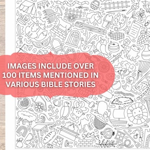 May include: Black and white line art illustration featuring many small drawings of objects and symbols. The image includes text that reads "IMAGES INCLUDE OVER 100 ITEMS MENTIONED IN VARIOUS BIBLE STORIES."