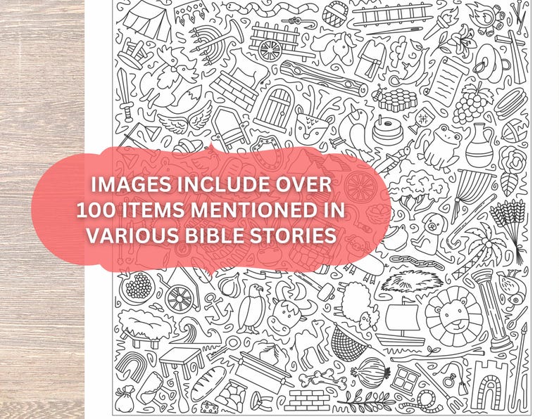 May include: Black and white line art illustration featuring many small drawings of objects and symbols. The image includes text that reads "IMAGES INCLUDE OVER 100 ITEMS MENTIONED IN VARIOUS BIBLE STORIES."