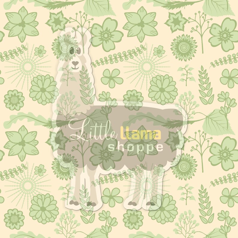 May include: A light brown llama silhouette with the text "Little Llama Shoppe" inside. The llama is surrounded by a green floral pattern on a cream background.