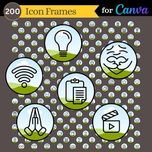 May include: A digital graphic showcasing 200 icon frames for Canva, each containing a different symbol within a circular border. The design includes a lightbulb, Wi-Fi symbol, and film clapper. The text "Canva" and "Icon Frames" are displayed.