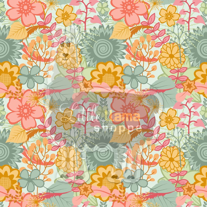 May include: A seamless pattern featuring a variety of colorful flowers and leaves on a light blue background. The flowers are in shades of pink, orange, yellow, and green. The leaves are in shades of green and brown.