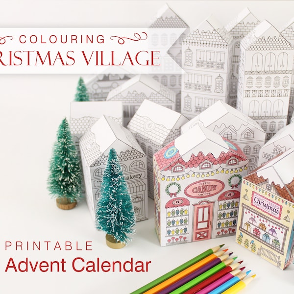 Advent Calendar Print and Colour Christmas Village, Printable Advent Calendar Houses, Victorian Christmas Village PDF for Colouring