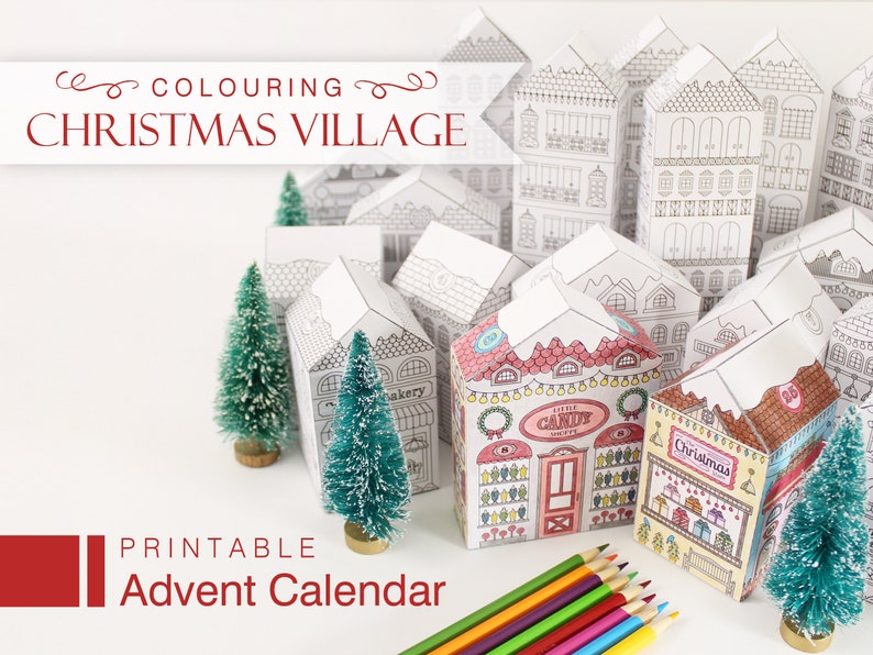 A printable set of 25 paper Christmas houses to be colored and used as an advent calendar