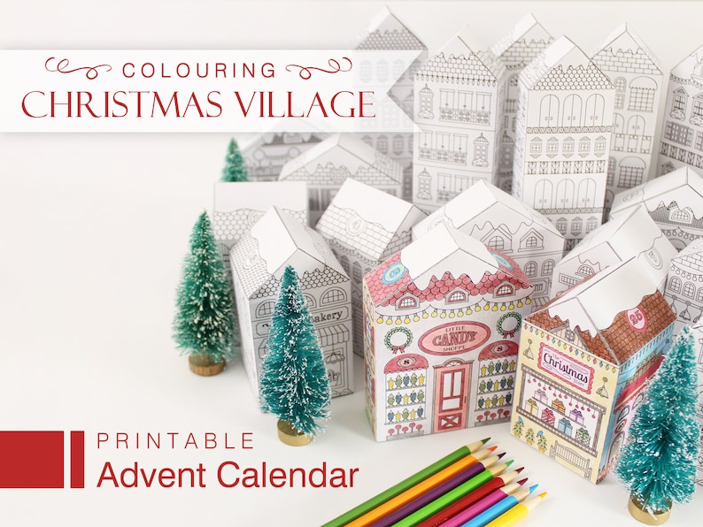 A printable set of 25 paper Christmas houses to be colored and used as an advent calendar