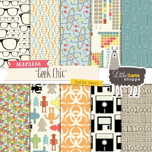 Geek Chic Digital Pattern Paper Pack, Seamless Nerd Patterns, Science Techy Genius Surface Patterns, Commercial Use, Instant Download