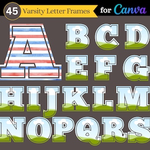 Marcos Canva con letras universitarias. Juego de 45 marcos con fuentes universitarias. Alfabeto, números y caracteres especiales.