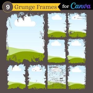 グランジ Canva フレーム | Canva で使用するための 9 つのアンティーク調長方形フレームのセット | 商用利用