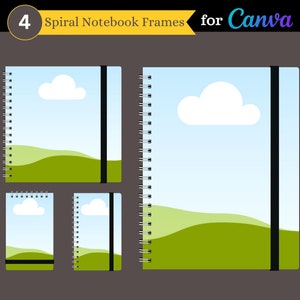 Puede incluir: Cuatro marcos de cuaderno espiral para Canva con un cielo azul, nubes blancas y colinas verdes. Los marcos son de diferentes tamaños.