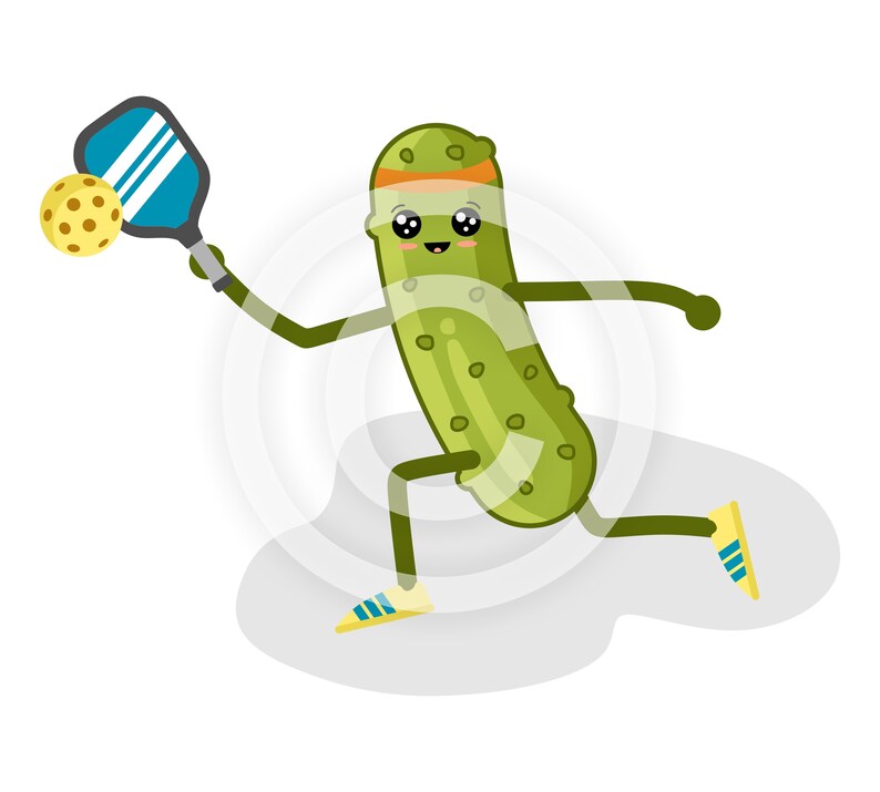 K&ouml;nnte beinhalten: Eine gr&uuml;ne Gurke mit Stirnband und Turnschuhen spielt Pickleball mit einem blauen Schl&auml;ger und einem gelben Ball.