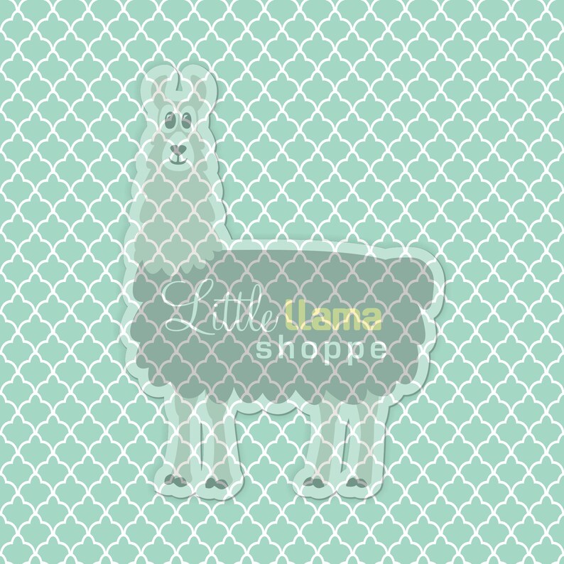 Op de afbeelding: Een lichtblauwe en grijze lama-illustratie met de tekst "Little Llama Shoppe" op een lichtblauwe achtergrond met een wit geometrisch patroon.