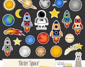 Space Clip Art, Cosmic Astronomy Planets Rockets Astronaut Sun Moon Stars Comet Clipart Set, Commercial Use