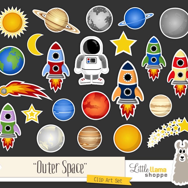 Space Clip Art, Cosmic Astronomy Planets Rockets Astronaut Sun Moon Stars Comet Clipart Set, Commercial Use