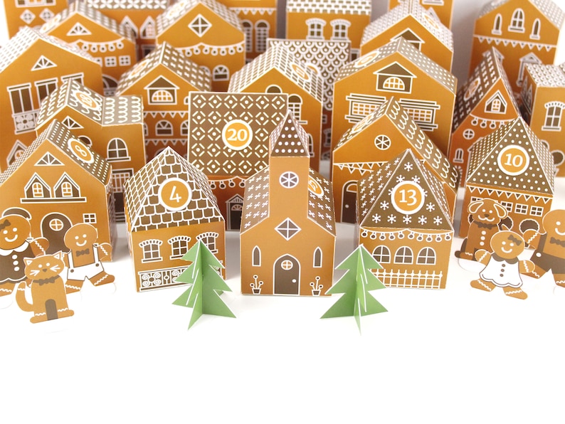 May include: A gingerbread house advent calendar with 24 numbered doors, each with a different design. The houses are decorated with white frosting and candy. The calendar is perfect for counting down the days until Christmas.