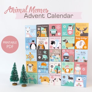 Advent Calendar for Kids, Funny Animal Memes, Christmas Themed Animal Puns, Printable Boxes