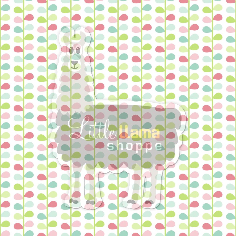 Op de afbeelding: Een wit lama-silhouet met de tekst "Little Llama Shoppe" op een witte achtergrond met een herhalend patroon van groene, roze en blauwe druppelvormen.