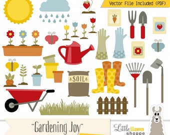 Gardening Clipart, Vector Garden Clip Art, Spring Clipart, Yardwork Clip Art, Landscaping, Horticulture, Wheelbarrow, Commercial Use