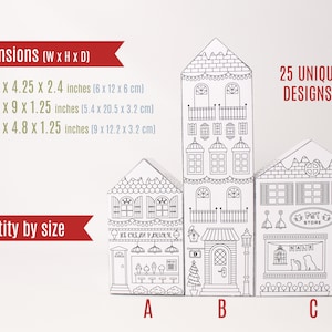 Image showing samples of the three house sizes available in the printable advent calendar set, and listing their finished dimensions and quantities