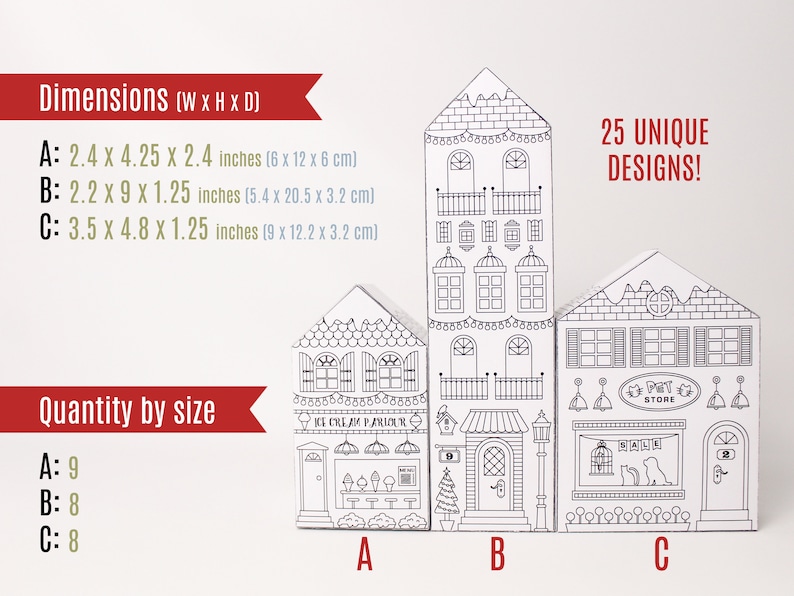 Image showing samples of the three house sizes available in the printable advent calendar set, and listing their finished dimensions and quantities