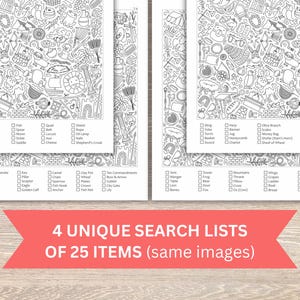 May include: Four black and white search puzzle sheets with detailed illustrations of various objects. Each sheet has a list of 25 items to find within the drawings. A red banner at the bottom reads "4 UNIQUE SEARCH LISTS OF 25 ITEMS (same images)".