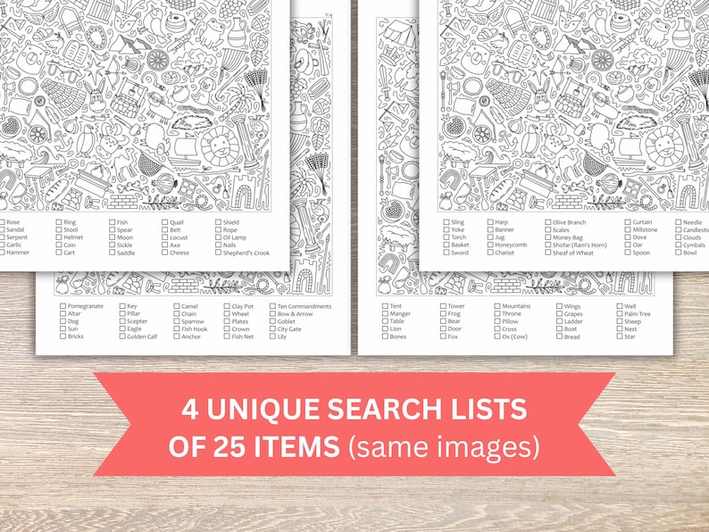 May include: Four black and white search puzzle sheets with detailed illustrations of various objects. Each sheet has a list of 25 items to find within the drawings. A red banner at the bottom reads "4 UNIQUE SEARCH LISTS OF 25 ITEMS (same images)".