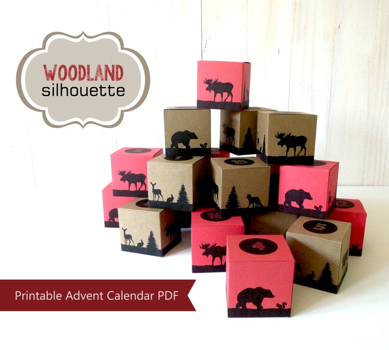 Set of 25 printable advent calendar boxes featuring silhouettes of woodland forest scenes