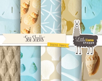 May include: A set of 10 digital papers featuring various sea shell patterns in shades of blue, beige, and white. The patterns include seashells, starfish, and sand dollars. The text "Sea Shells" and "Digital Papers" is included in the image.
